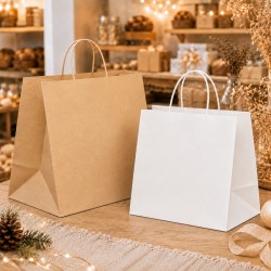 Shopper in Carta Bianca e Avana con Maniglia Cordino e Fondo Largo