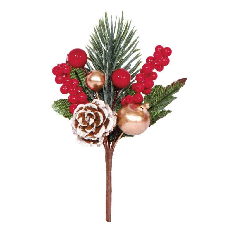 Pick  Pigna con Bacche Rosse e Oro cm. 12