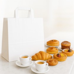 Shopper fondo largo in carta kraft bianca con maniglia piatta per asporto e delivery