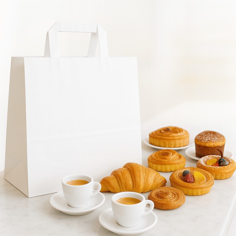Shopper fondo largo in carta kraft bianca con maniglia piatta per asporto e delivery