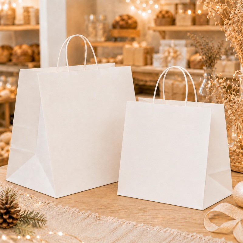 Shopper in Carta Bianca con Maniglia Cordino e Fondo Largo