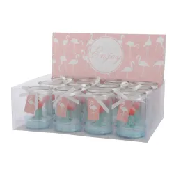 Frasco de vidro com vela de flamingo