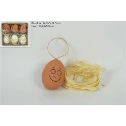Set Eieren hangers met smiley en raffia 6 stuks geassorteerde kleuren