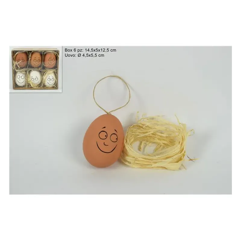 Set Eieren hangers met smiley en raffia 6 stuks geassorteerde kleuren