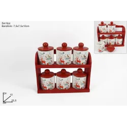 Set van 6 keramische potten met houten voet