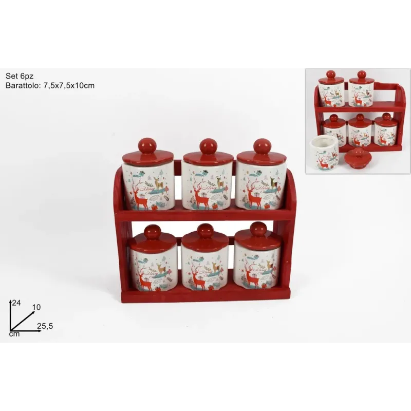 Set van 6 keramische potten met houten voet