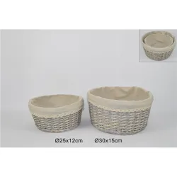 2 paniers ronds en osier doublés de coton