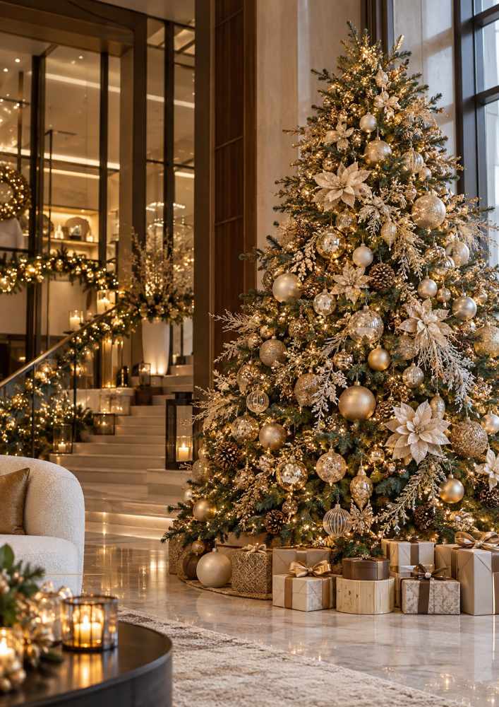 Albero di Natale decorato con luci e addobbi dorati