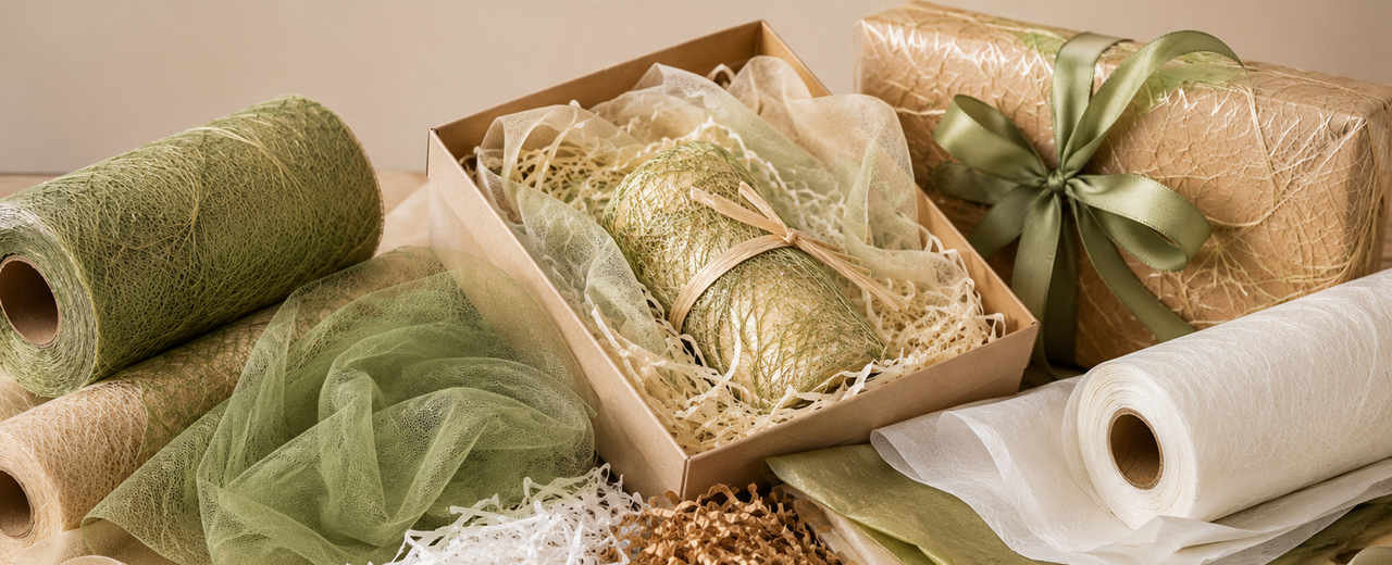 Materiali per confezioni regalo: carta erba, tulle, truciolo, velina e texture a confronto