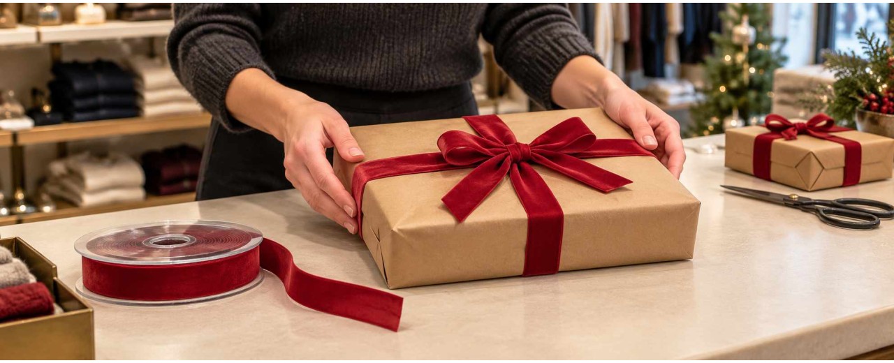 Nastri di Natale per negozi: abbinamenti, fiocchi e quantità